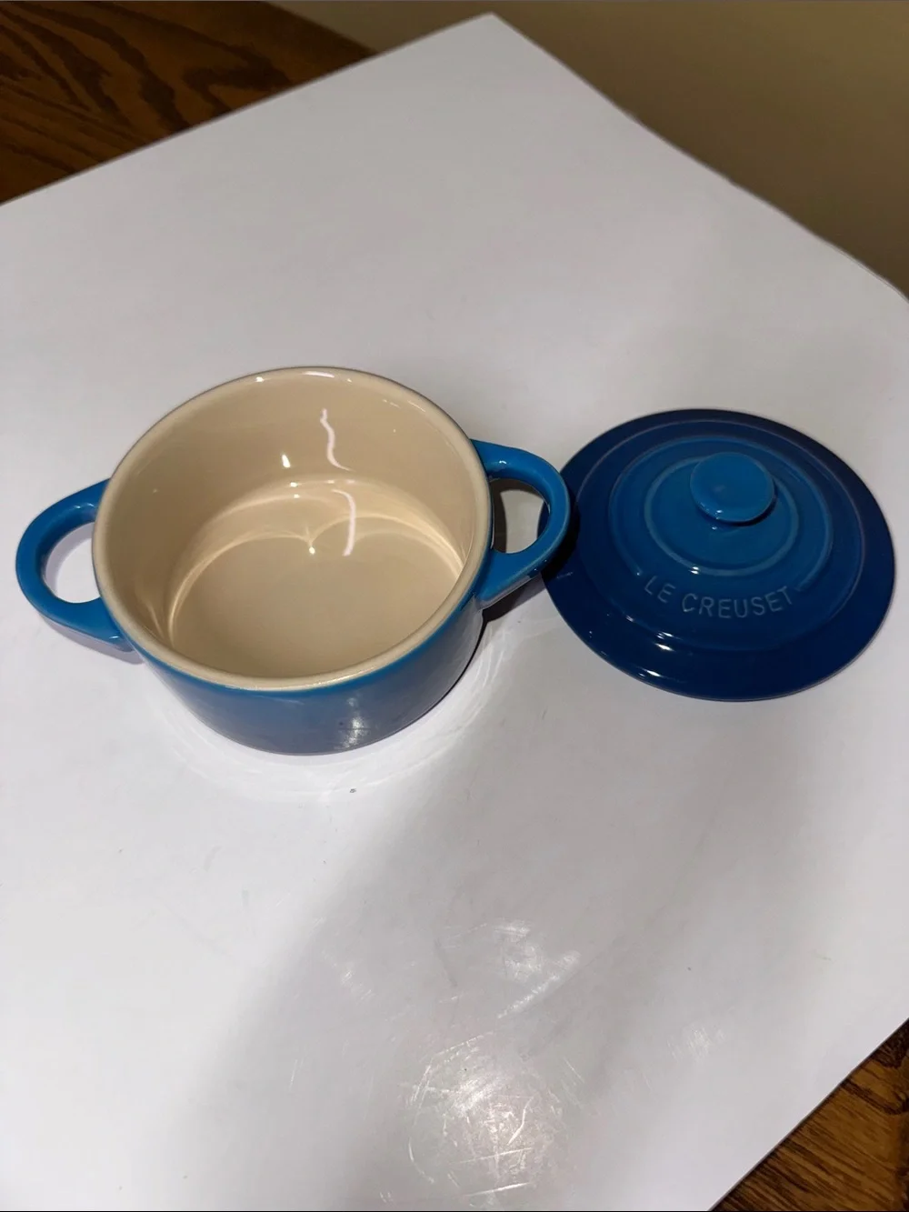 Le Creuset Mini Round Cocotte Marseille Blue Stoneware with Lid 8 oz